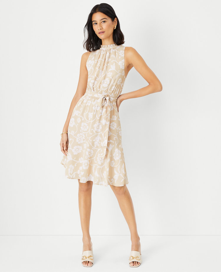 Ann Taylor Petite Floral Belted Halter Flare Dress Toasted Oat Women's |  The Summit