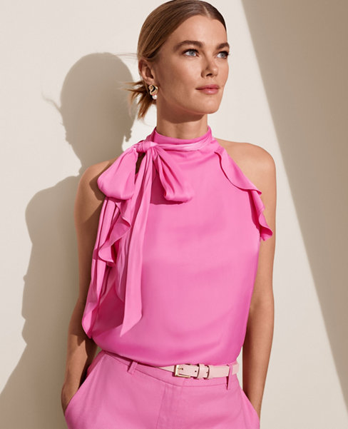 Ann Taylor Petite Mixed Media Tie Waist Top Blouse Pink Size XLP 