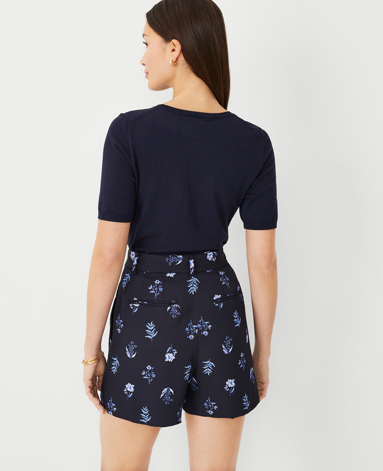 Ann Taylor Petite Floral Tie Waist Pleated Shorts Night Sky Women's