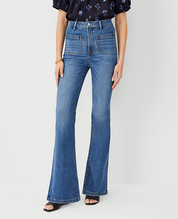 Petite High Rise Patch Pocket Flare Jeans in Bright Medium Stone Wash