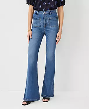 Petite High Rise Patch Pocket Flare Jeans in Bright Medium Stone Wash carousel Product Image 3