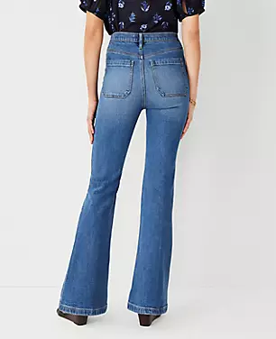 Petite High Rise Patch Pocket Flare Jeans in Bright Medium Stone Wash carousel Product Image 4