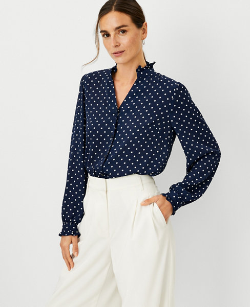 Ann Taylor Petite Dotted Ruffle Button Top