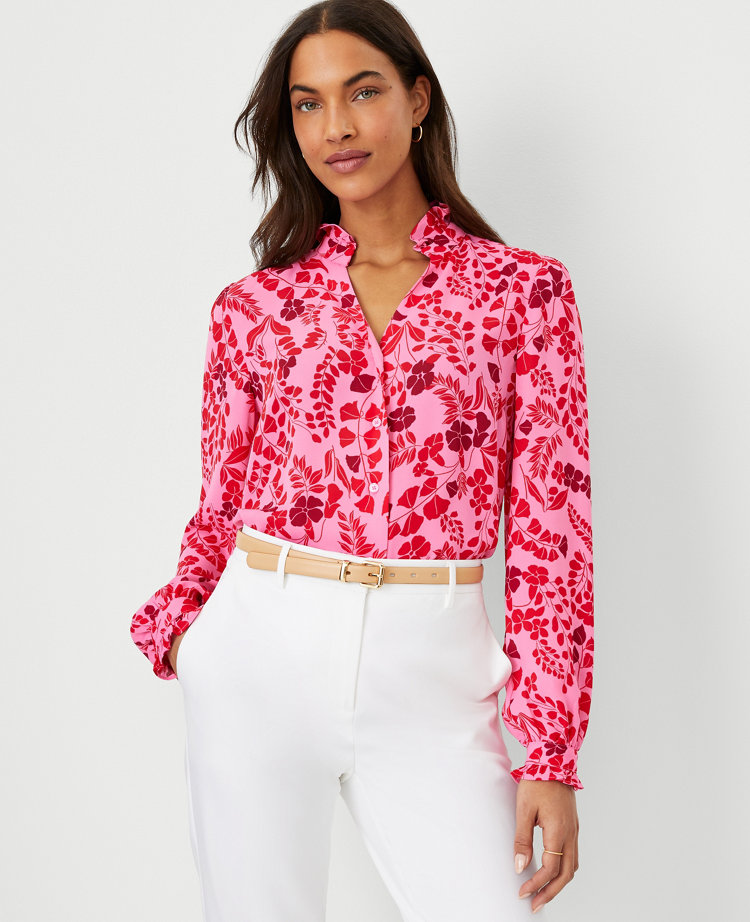 Ann Taylor Petite Floral Ruffle Button Top