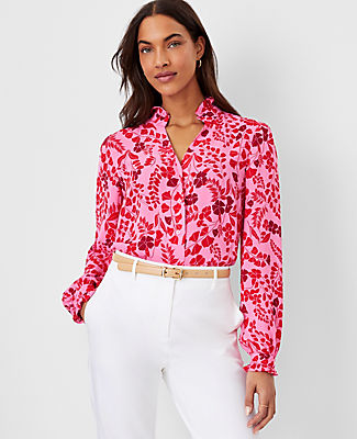 Ann Taylor Petite Floral Ruffle Button Top In Peppermint Stick