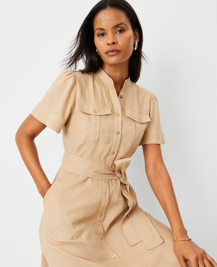 Petite Linen Blend Pocket Midi Shirtdress