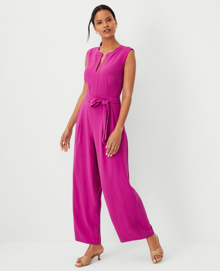 Petite Split Neck Sleeveless Tie Waist Jumpsuit