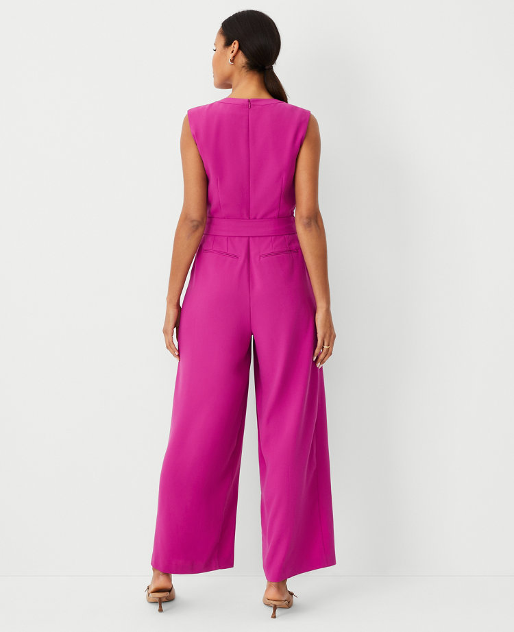 Petite Split Neck Sleeveless Tie Waist Jumpsuit