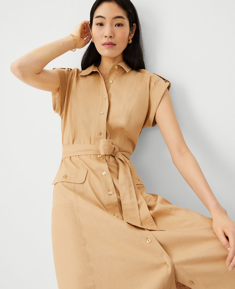 Petite Linen Blend Collared Midi Dress