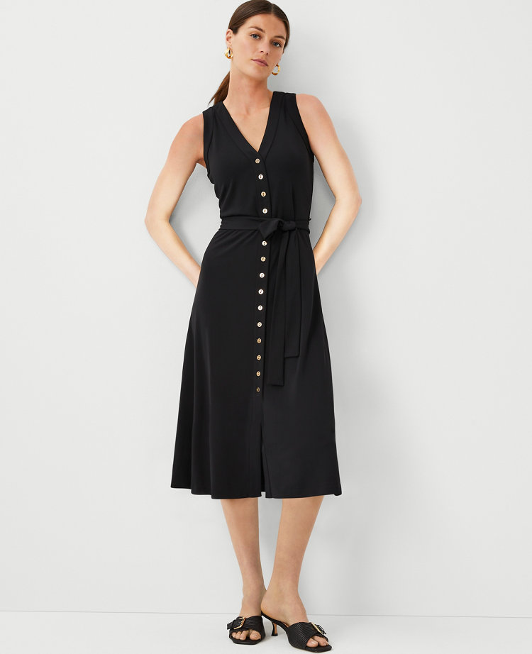 Ann Taylor Petite V-Neck Button Flare Midi Dress Women's