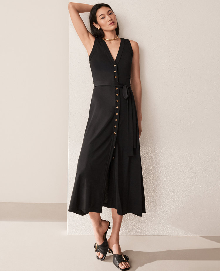 Ann Taylor Petite V-Neck Button Flare Midi Dress Black Women's