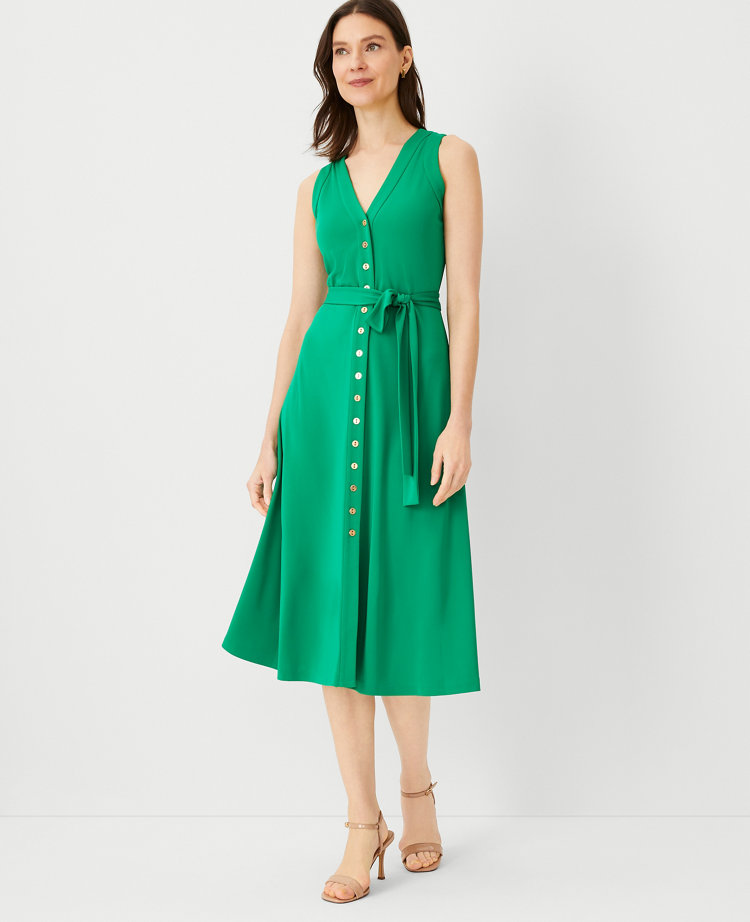 Petite V-Neck Button Flare Midi Dress