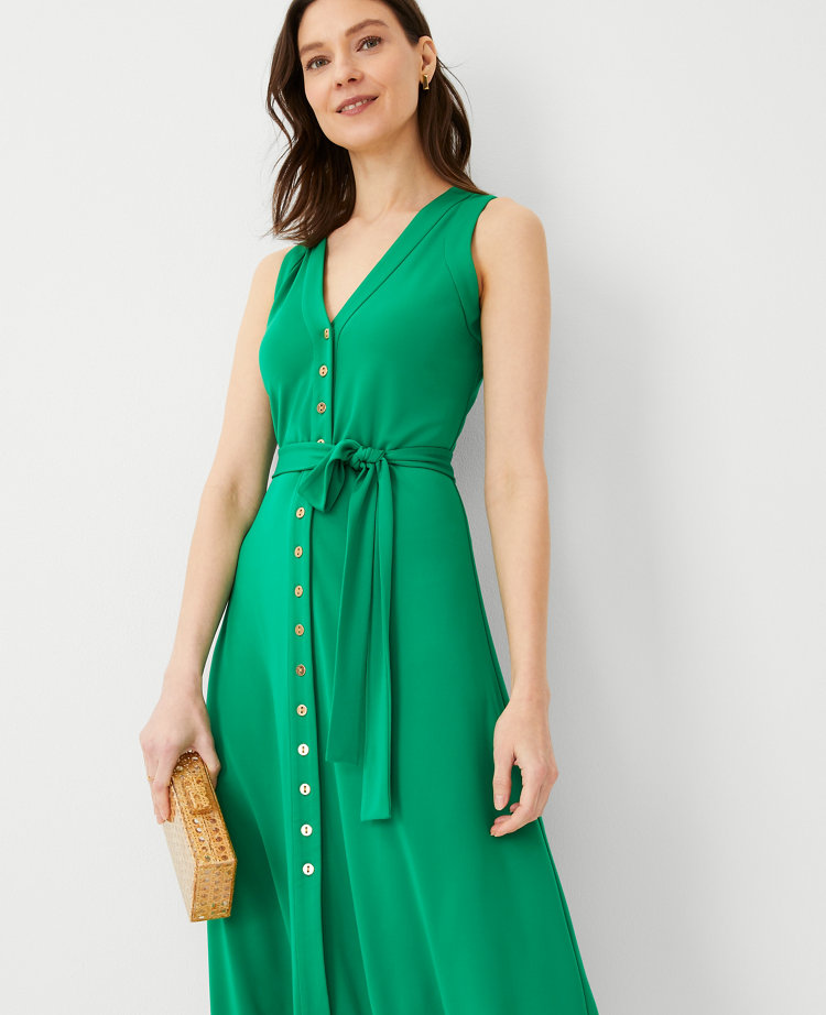 Petite V-Neck Button Flare Midi Dress