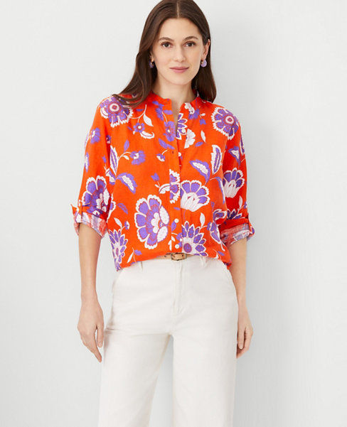 Petite Floral Linen Relaxed Roll Tab Perfect Shirt
