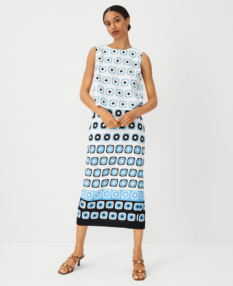 Ann Taylor Petite Geo Border Linen Blend Midi Column Skirt Size 00 Cerulean Blue Women's