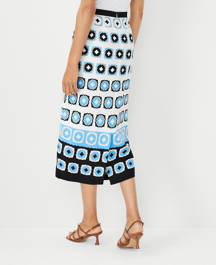 Petite Geo Border Linen Blend Midi Pencil Skirt