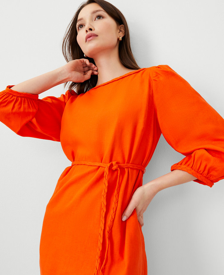 Tall Linen Blend Puff Sleeve Belted Shift Dress