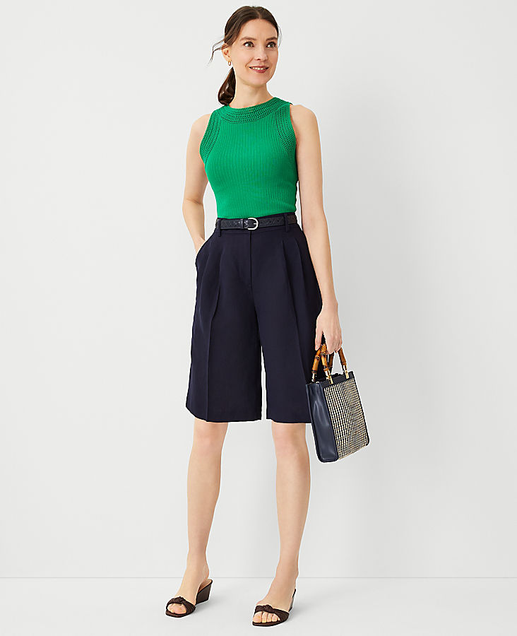 Petite Pleated Long Shorts in Linen Blend