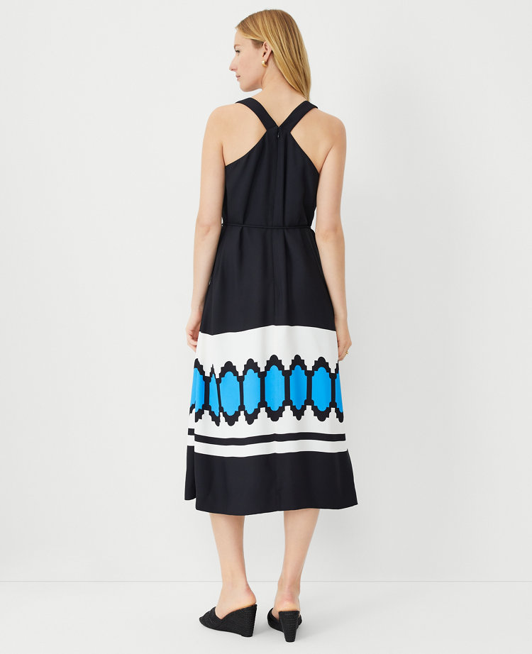 Ann Taylor Petite Geo Border Linen Blend V-Neck Midi Dress Size 2XS Black Women's