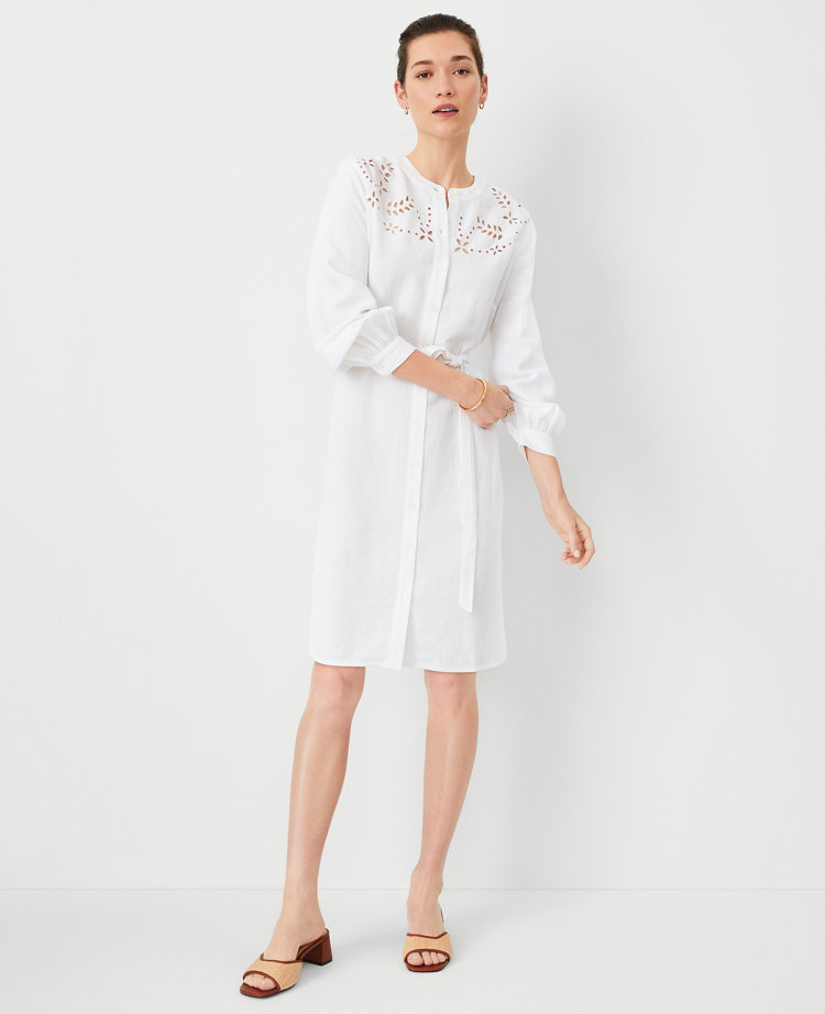 Ann Taylor Petite At Weekend Eyelet Linen Blend Shirtdress In White