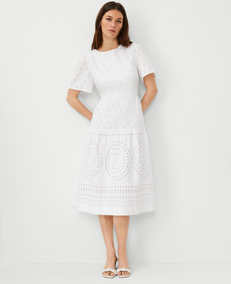 Petite Eyelet Flounce Sleeve Flare Midi Dress