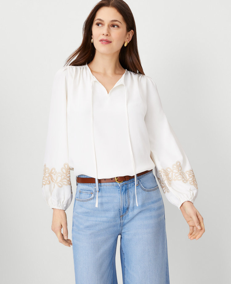 Ann Taylor Petite Embroidered Sleeve Tie Neck Top Winter White Women's