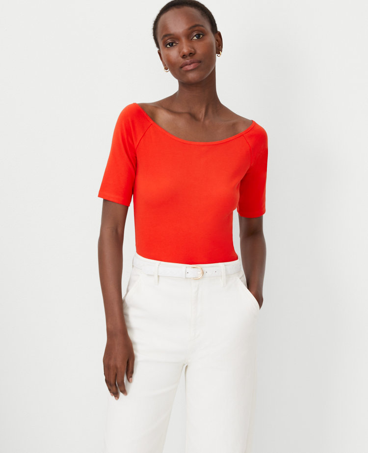 Ann Taylor Petite Wide Boatneck Top Fiery Red Women's