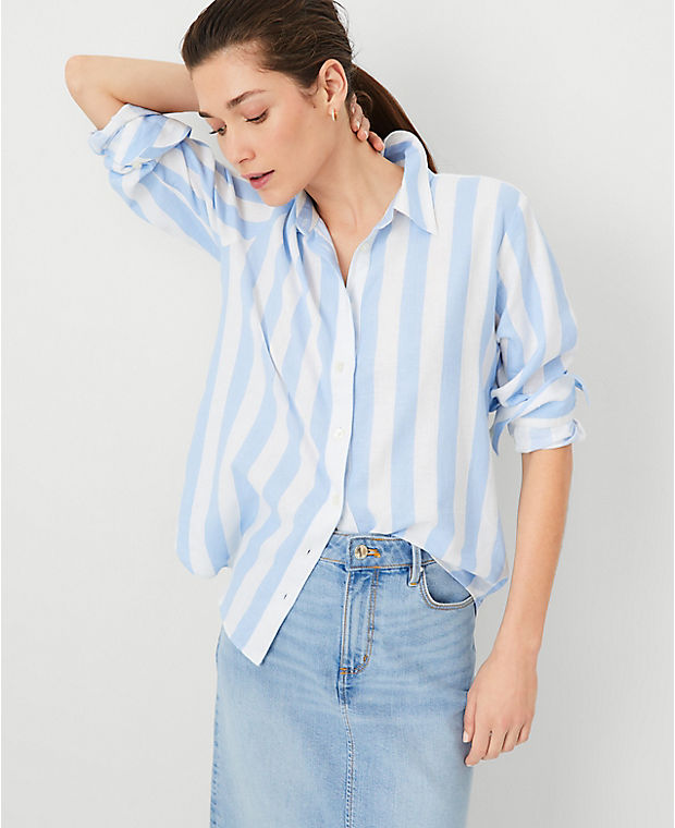 Petite AT Weekend Striped Linen Blend Relaxed Shirt