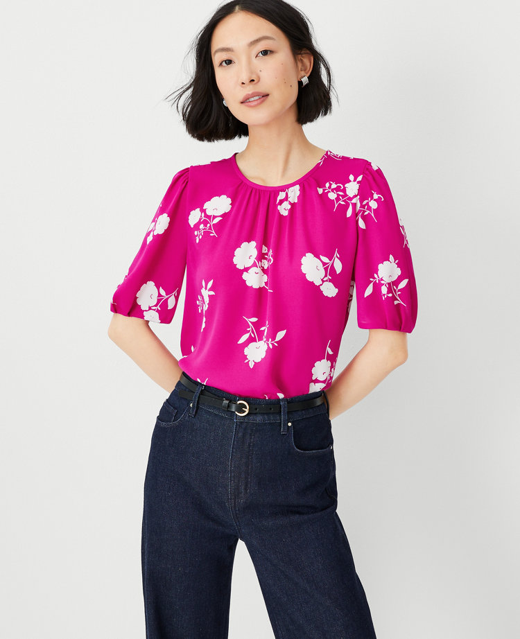 Petite Floral Pleated Sleeve Top