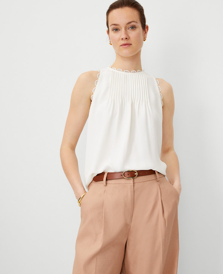 Petite Scalloped Mixed Media Sleeveless Top