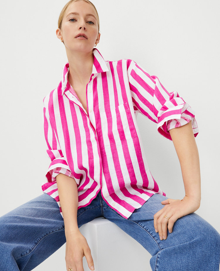 Ann Taylor Petite Striped Linen Oversized Shirt Bold Pink Women's