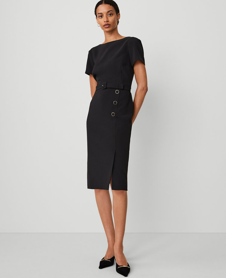 Ann Taylor Belted Button Midi Sheath Dress Black Women's