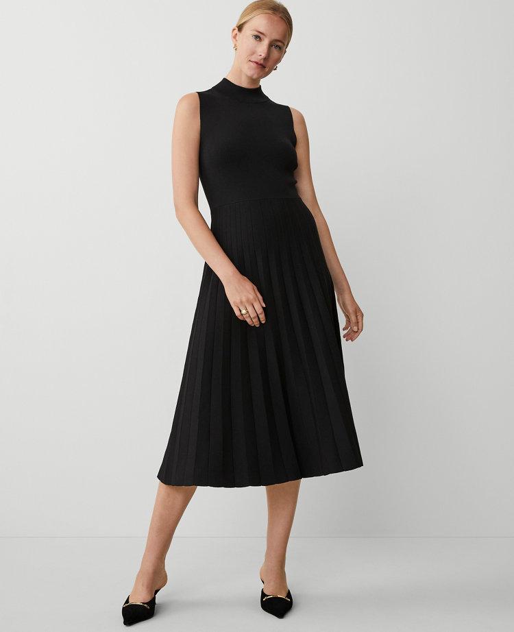 Ann Taylor Mock Neck Pleat Skirt Dress Black Women's