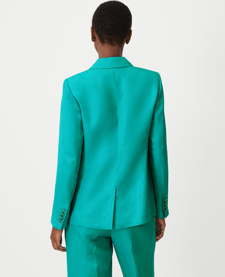 Ann Taylor Petite Studio Collection Silk Linen Long One Button Blazer Chameleon Teal Women's