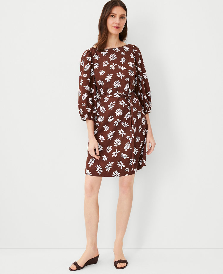 Petite Leafed Linen Blend Puff Sleeve Shift Dress