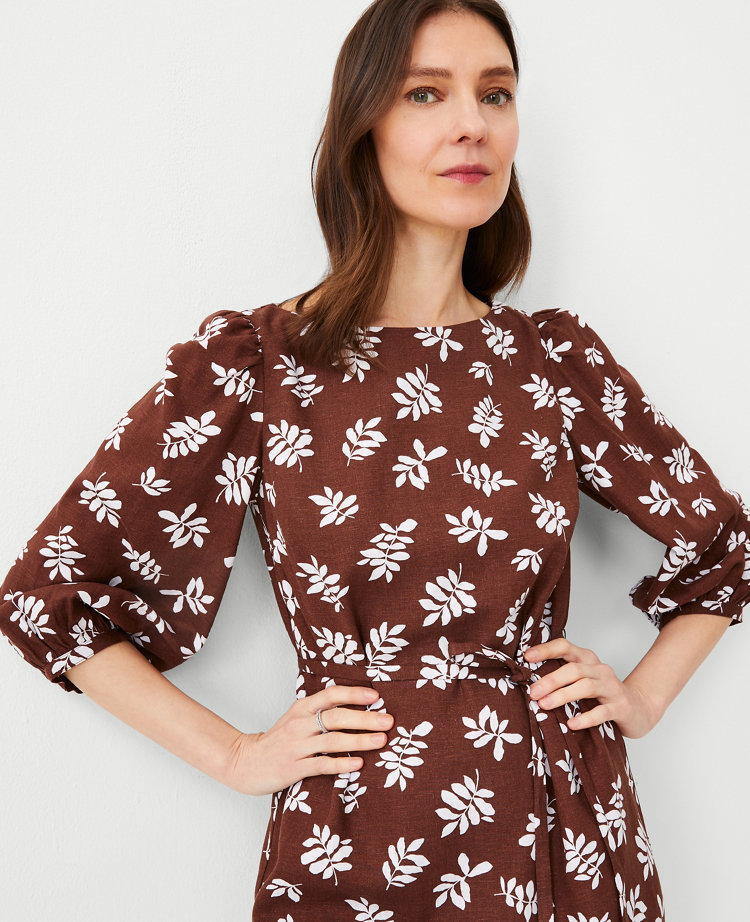 Ann Taylor Petite Leafed Linen Blend Puff Sleeve Shift Dress Brown Stone Women's