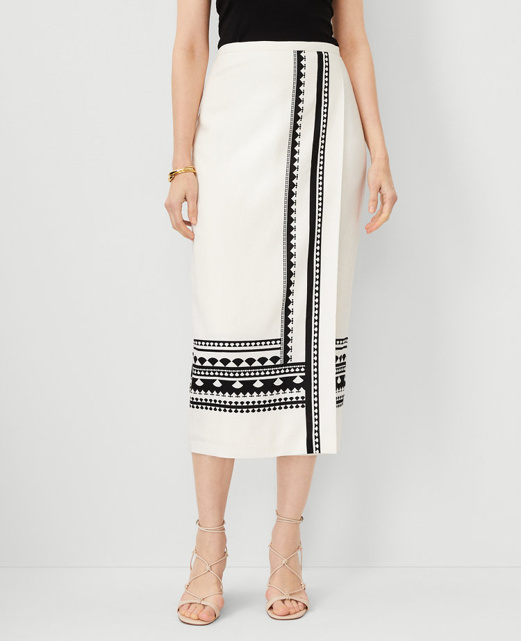 Petite Geo Border Linen Blend Wrap Midi Skirt