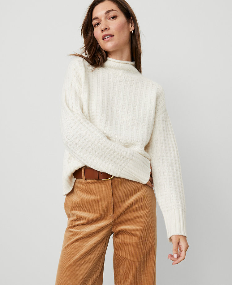 Cashmere Waffle Stitch Roll Neck Sweater