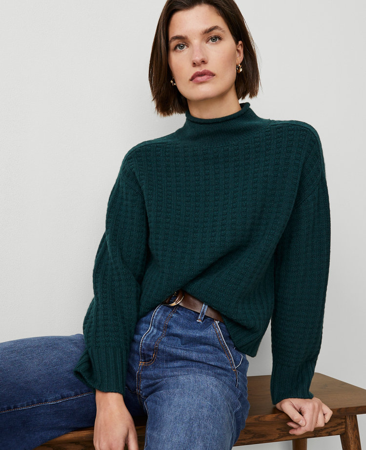 Cashmere Waffle Stitch Roll Neck Sweater