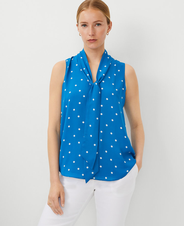 Ann Taylor Tall Dotted Bow Tie Neck Shell Top Santorini Women's