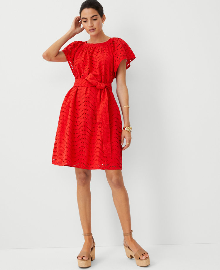 Petite Eyelet Belted Pocket Shift Dress