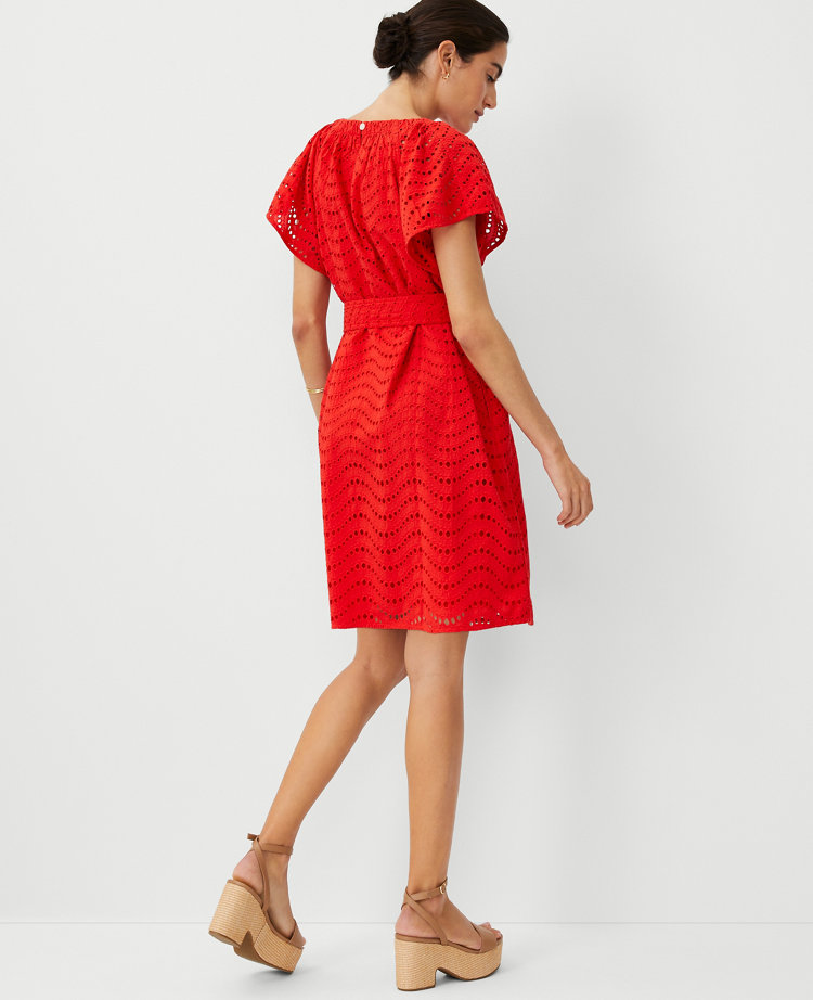 Ann Taylor Petite Eyelet Belted Pocket Shift Dress Fiery Red Women's