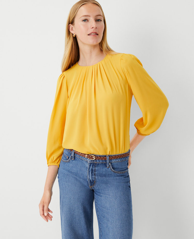 Ann Taylor Petite Mixed Media Pleat Neck Top Spring Marigold Women's