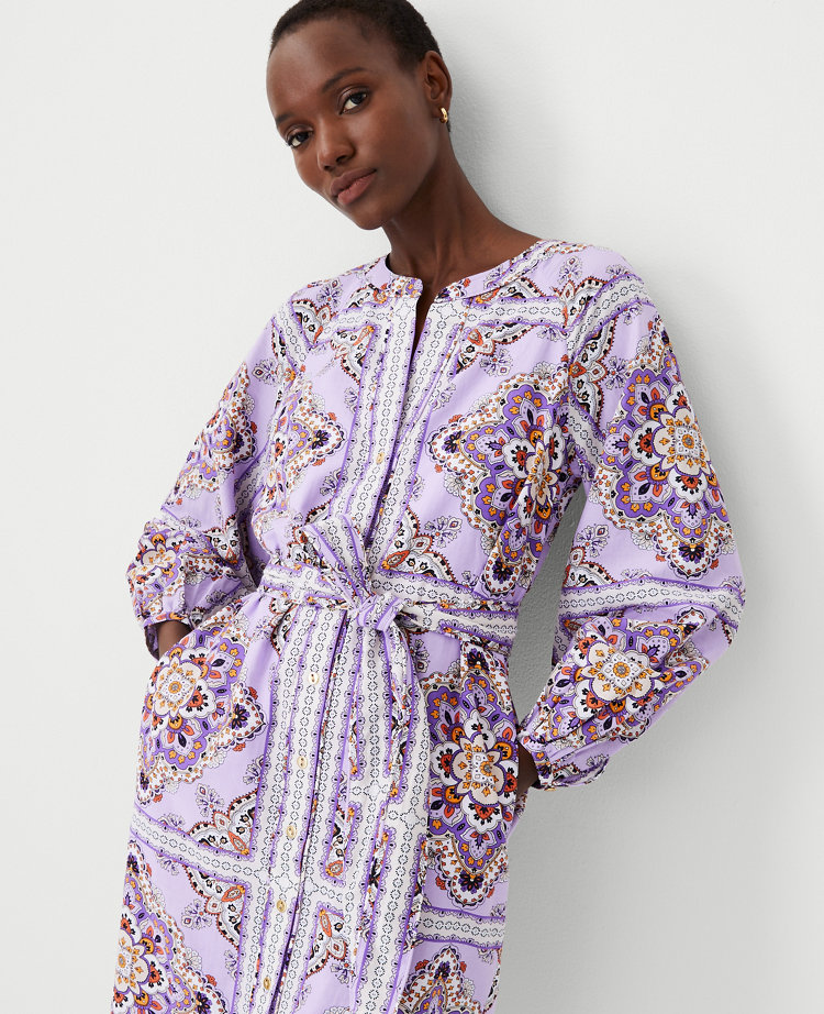 Ann Taylor Split Neck Belted Flare Dress In Lavender Latte