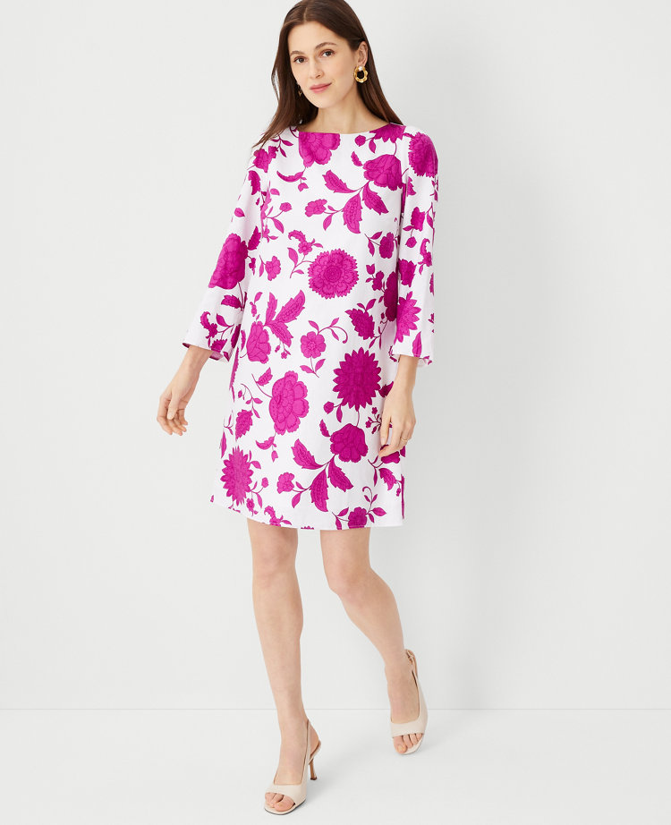 Floral Linen Blend 3/4 Sleeve Shift Dress