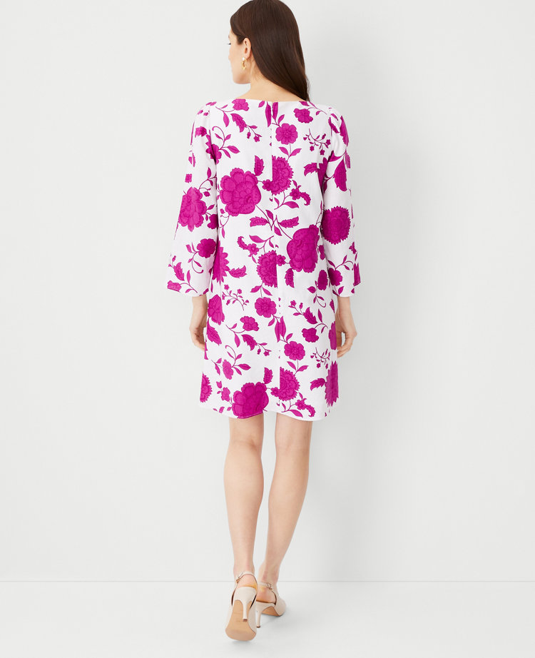 Ann Taylor Floral Linen Blend 3/4 Sleeve Shift Dress Magenta Shadow Women's