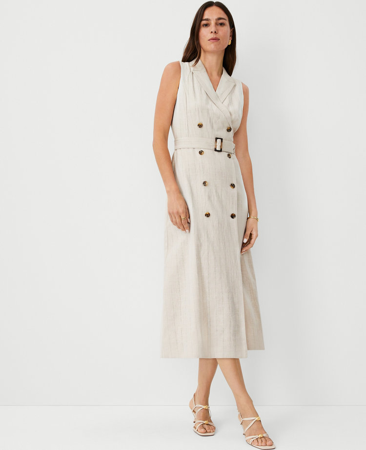 Ann Taylor Pinstripe Double Breasted Wrap Dress Pearl Linen Women's