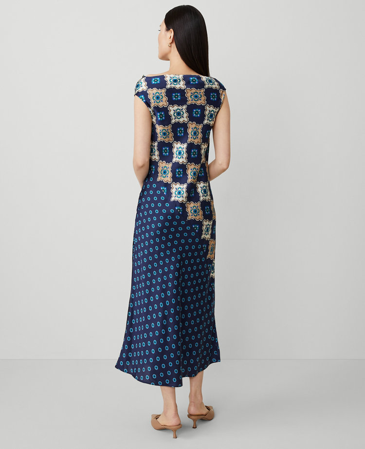 Ann Taylor Studio Collection Silk Tile Print Midi Dress Pure Sapphire Women's