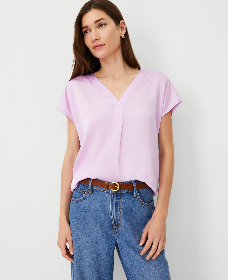 Ann Taylor Mixed Media Pleat Front Top Crisp Lilac Women's