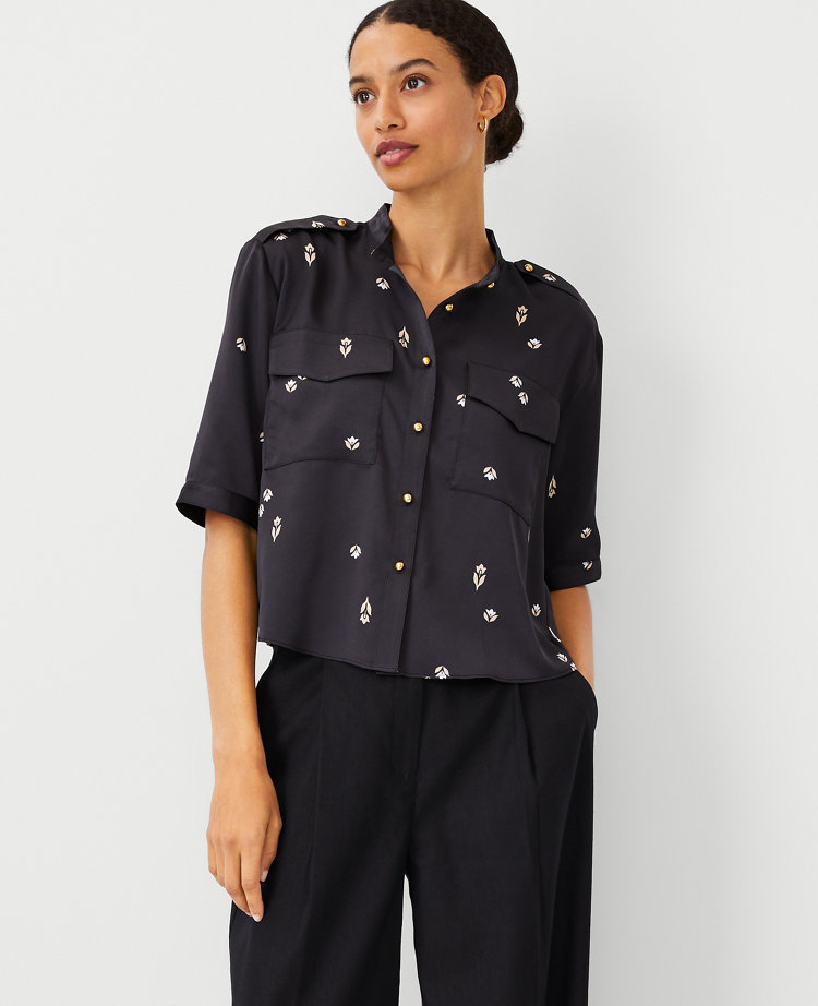 Ann Taylor Floral Utility Pocket Shirt Black Women's